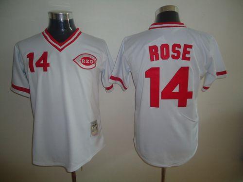 Mitchell and Ness Reds #14 Pete Rose Stitched White Throwback MLB Jersey - Click Image to Close